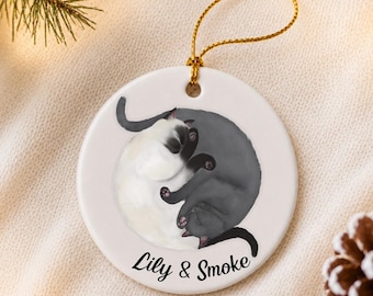 Personalized Siamese Cat & Gray Cat Ornament, Custom Two Cat Names Ceramic Christmas Ornament, Sleeping Cats Gift, Pet Memorial Keepsake
