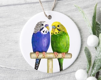 Personalized Blue & Green Budgie Ornament, Parakeet Pair Gift, Custom Names Ceramic Ornament, Unique Bird Lover Gift