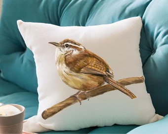 Sweet Carolina Wren Pillow Case, Personalized Pillow Cover, Unique Mom Grandma Gift, Cute Backyard Bird Pillow, Housewarming Bird Lover Gift