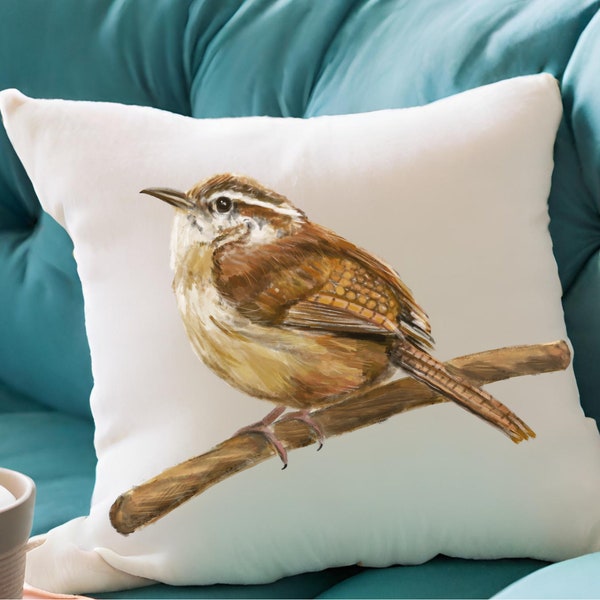 Sweet Carolina Wren Pillow Case, Personalized Pillow Cover, Unique Mom Grandma Gift, Cute Backyard Bird Pillow, Housewarming Bird Lover Gift