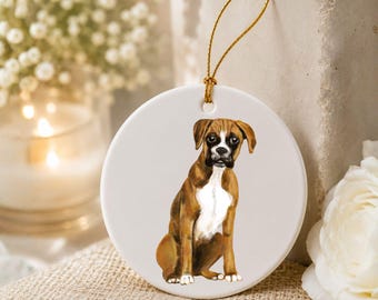 Personalized Boxer Ornament, Custom Dog Name Ceramic Christmas Ornament, Brown White Boxer Gift, Pet Memorial Keepsake, Dog Lover Gift