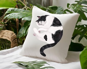 Sleeping Tuxedo Cat Name Pillow, Sleeping Cat Unique Pillow Cover, Cute Black and White Cat Sofa Pillow, Custom Cat Mom Dad Throw Pillow