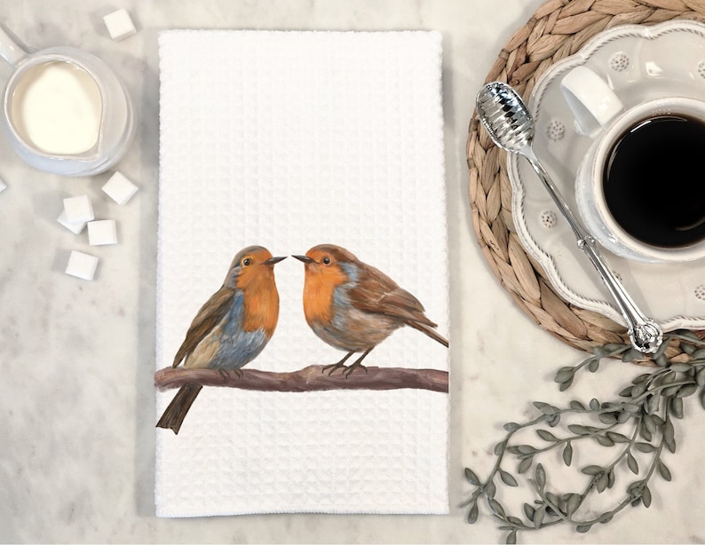 American Robin Couple Kitchen Towel, Unique Bird Lover Dish Cloth, Backyard Bird Mom Dad Towel, Birdwatcher Gift, Farmhouse Decor