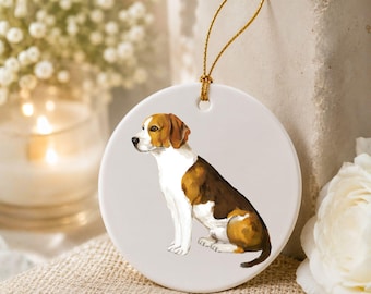Personalized Beagle Ornament, Custom Dog Name Ceramic Christmas Ornament, Tri Color Beagle Gift, Pet Memorial Keepsake, Dog Lover Gift