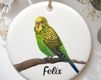 Personalized Green Parakeet Ornament, Yellow Budgie Gift, Custom Name Ceramic Ornament, Unique Bird Lover Gift