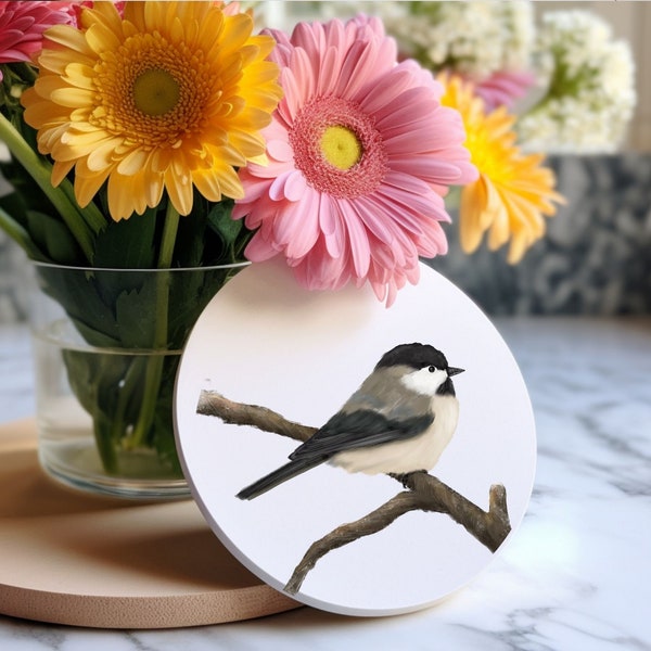 Chickadee Coaster Set, Unique Bird Coaster, Cute Gift for Bird Mom Dad, Kitchen decor, Birdwatcher Gift, Pet Memorial Gift