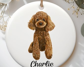 Personalized Toy Poodle Ornament, Custom Dog Name Ceramic Christmas Ornament, Brown Poodle Gift, Pet Memorial Keepsake, Dog Lover Gift