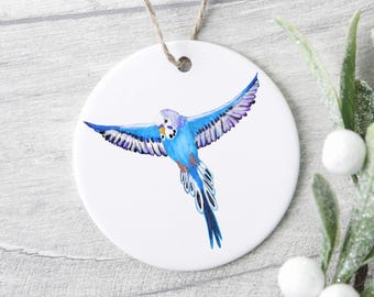 Custom Flying Blue Budgie Ceramic Ornament, Personalized Christmas Gift, Parakeet Lover Gift, Custom Name Keepsake