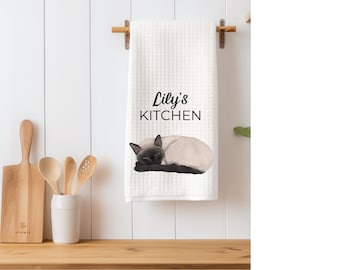 Linge de cuisine doux chat siamois, torchon pour chat endormi, décoration de cuisine unique chat, cadeau pour nouveau couple, décoration de ferme, joli cadeau de pendaison de crémaillère
