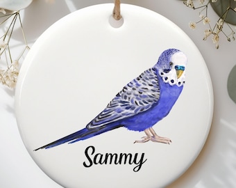 Personalized Purple Parakeet Ornament, Blue Budgie Gift, Custom Name Ceramic Ornament, Unique Bird Lover Gift