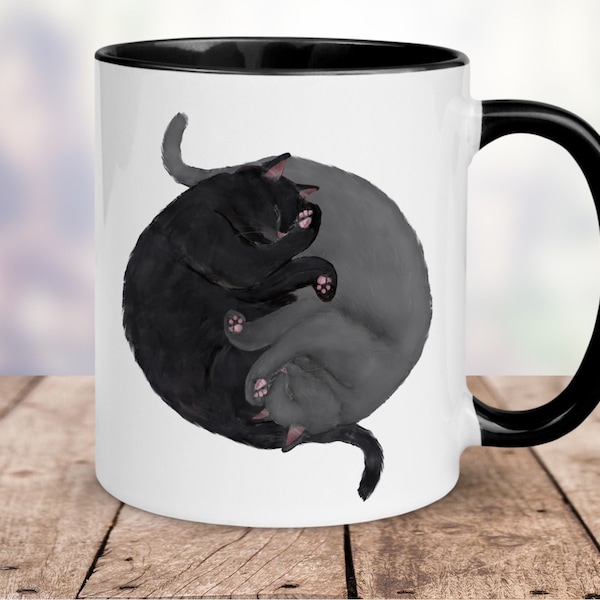 Sleeping Gray and Black Cat Mug, Two Lazy Cats Mug, Cuddled Cats Mug, Animal Lover, Cute Coffee Mug, 11oz 15oz Mug, Cat Lover Gift