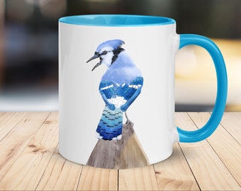 Taza personalizada de Blue Jay, taza de pájaro del patio trasero, taza de pájaro pequeño con diseño de arte original, regalo de observador de aves, regalo de cumpleaños, regalo de Navidad
