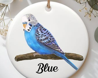 Personalized Blue Parakeet Ornament, Cute Pet Bird Gift, Custom Name Ceramic Ornament, Unique Bird Lover Gift