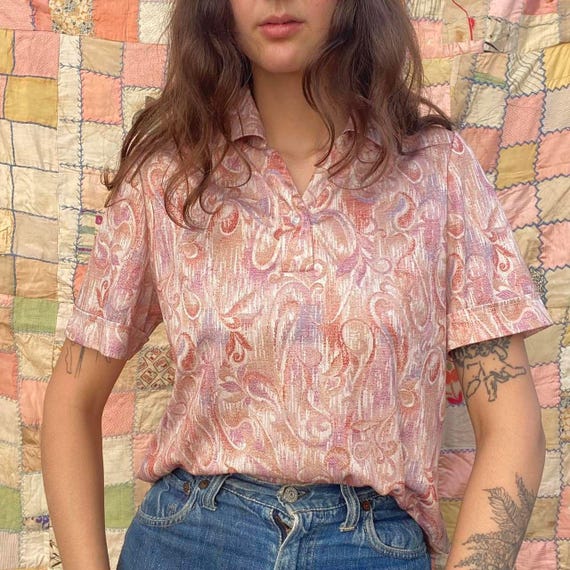1970s pink swirl patterned polyester collared top - image 1