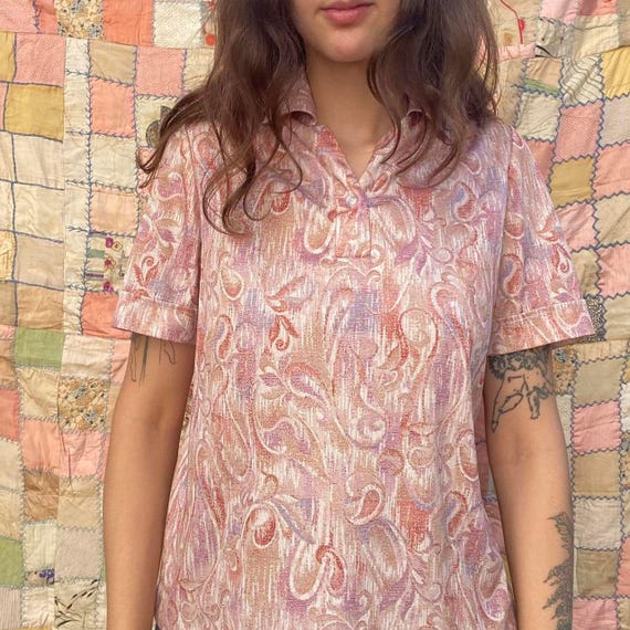 1970s pink swirl patterned polyester collared top - image 2