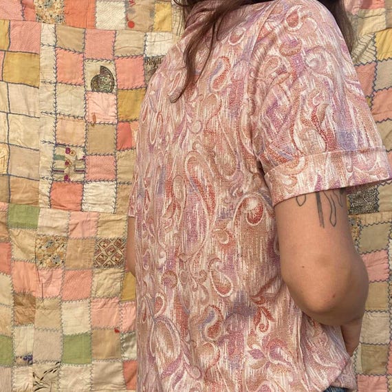 1970s pink swirl patterned polyester collared top - image 4