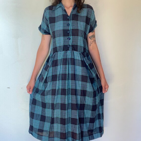 50s Navy Green and Turquoise Plaid Cotton Midi Button Down House Dress Size Large Etsy