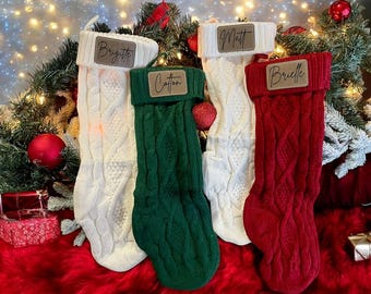 Personalized Christmas Stockings • Custom Name Stocking • Leather Patch Stocking • Cable Knit Stocking • Red, Green & White Holiday Decor