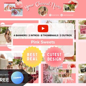 YouTube-brandingkit | Bewerkbare intro, banners, miniaturen, outro | Bewerkbare Canva-sjabloon | Roze snoepjes