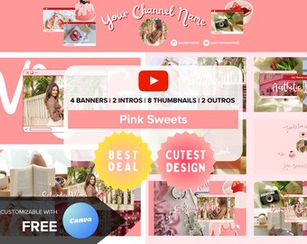 Youtube Branding Kit | Editable Intro, Banners, Thumbnails, Outro | Editable Canva Template | Pink Sweets