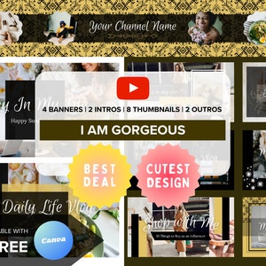 Youtube Branding Kit | Editable Intro, Banners, Thumbnails, Outro | Editable Canva Template | I Am Gorgeous