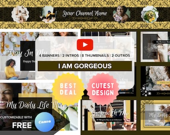YouTube-brandingkit | Bewerkbare intro, banners, miniaturen, outro | Bewerkbare Canva-sjabloon | Ik ben prachtig