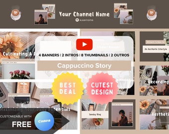 YouTube-brandingkit | Bewerkbare intro, banners, miniaturen, outro | Bewerkbare Canva-sjabloon | Cappuccino-verhaal