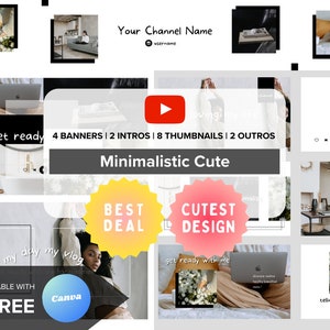 Youtube Branding Kit | Editable Intro, Banners, Thumbnails, Outro | Editable Canva Template | Minimalistic Cute