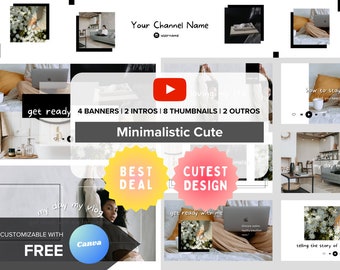 YouTube-brandingkit | Bewerkbare intro, banners, miniaturen, outro | Bewerkbare Canva-sjabloon | Minimalistisch schattig