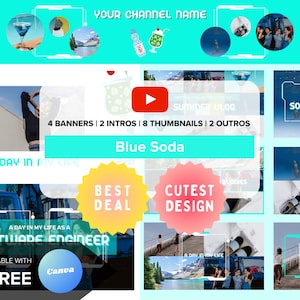 Youtube Branding Kit | Editable Intro, Banners, Thumbnails, Outro | Editable Canva Template | Blue Soda