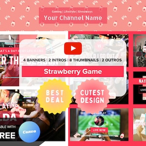 Youtube Branding Kit | Editable Intro, Banners, Thumbnails, Outro | Editable Canva Template | Strawberry Game