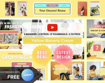 YouTube-brandingkit | Bewerkbare intro, banners, miniaturen, outro | Bewerkbare Canva-sjabloon | Gele Bananencrème