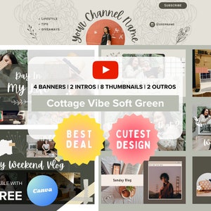 Youtube Branding Kit | Editable Intro, Banners, Thumbnails, Outro | Editable Canva Template | Cottage Vibes Soft Green