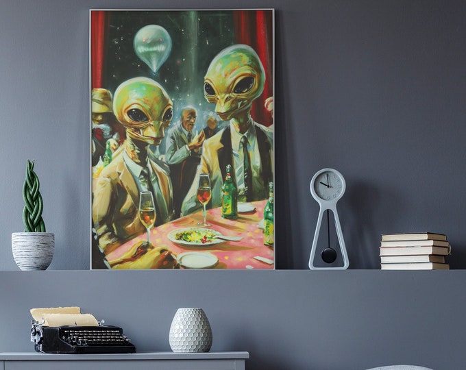 Extraterrestrial Social Gathering Art Print - Sci-Fi Dinner Party - Alien Banquet Illustration - Unique UFO Themed Wall Art