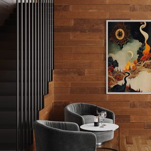 ASTRATTO MIDCENTURY ESOTERICO eclettico occulto gotico fantasy eclissi surreale smokey eclipse incorniciato arte stampa poster immagine