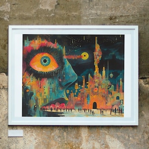 Cosmic Visionary Art Print - Futuristic Cityscape, Celestial Eye, Surreal Decor