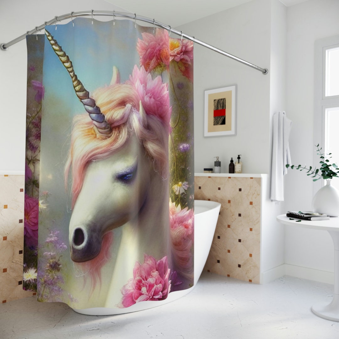 Unicorn Shower Curtain, Girls Shower Curtain, Boho Bathroom Curtain