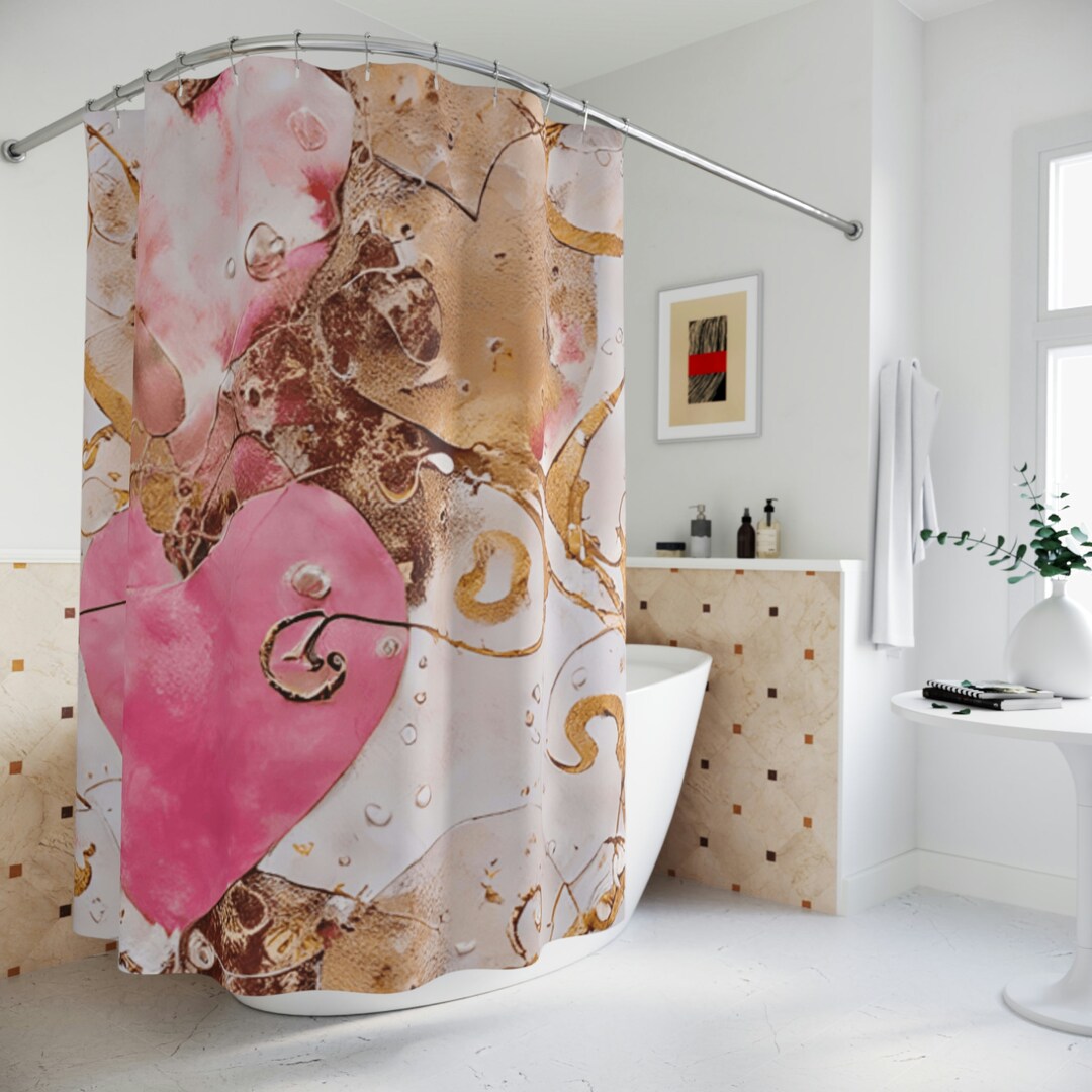 Pink Gold Shower Curtain, Heart Shower Curtain, Boho Bathroom Curtain