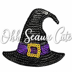 May include: A black sequined witch hat patch featuring a purple sequined band and a yellow sequined square buckle. The text Ohh Seaux Cute is written in white script across the center of the hat. The design is entirely covered in shiny sequins.