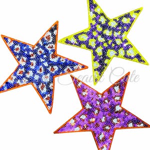 May include: Three star-shaped patches featuring sequin embellishments in leopard print patterns. One star has blue and white sequins with an orange border, one is yellow and purple, and the third is purple and white with an orange border.