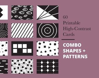 Pack COMBO formes et motifs｜Lot de 60 cartes pour bébés à contraste élevé｜Cartes sensorielles imprimables｜Montessori noir et blanc｜TÉLÉCHARGEMENT NUMÉRIQUE