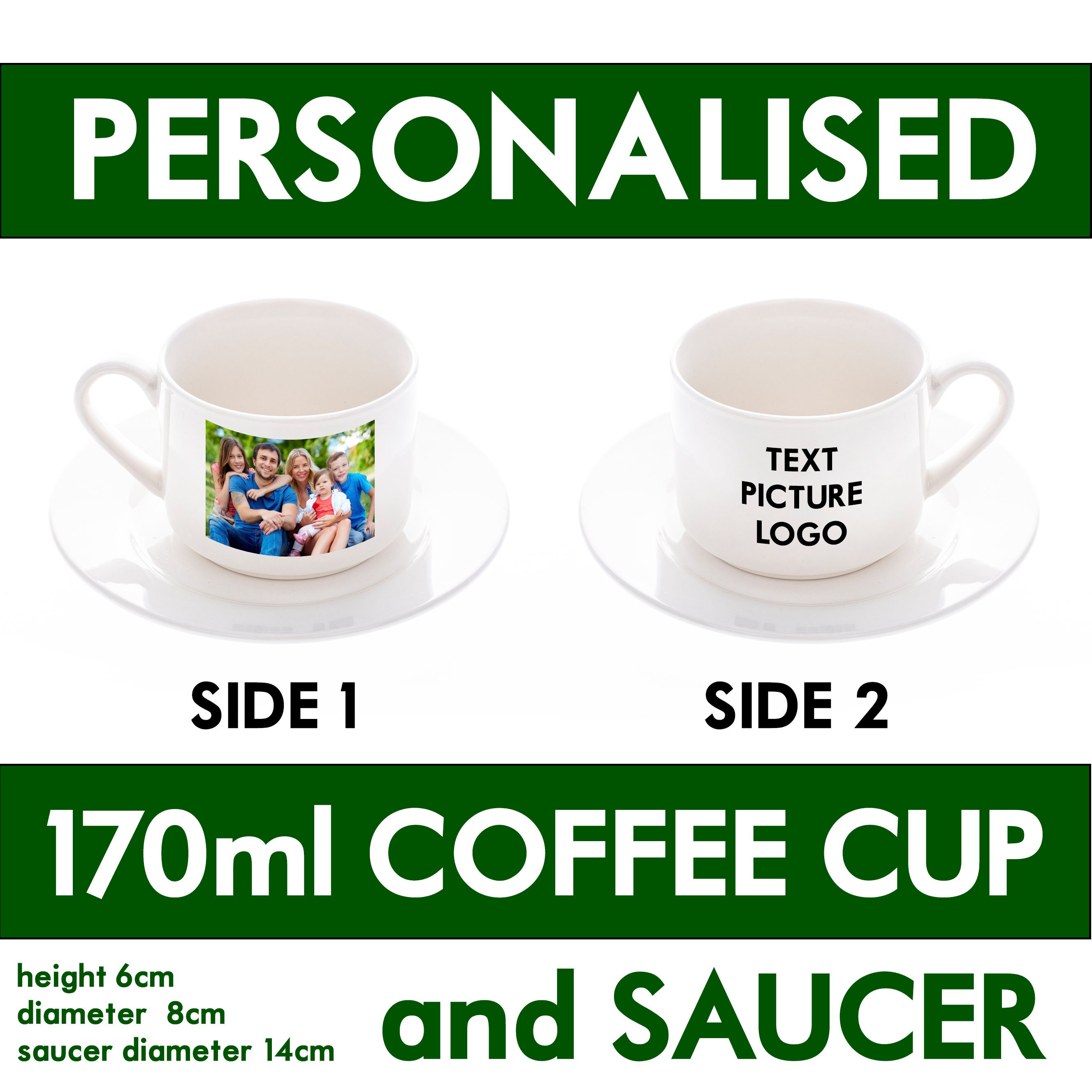 Personalised coffee cup with saucer Photo text logo printed