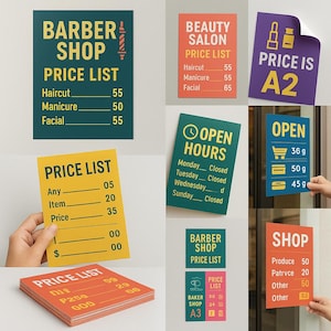May include: A collection of price lists and shop signs in various colors. Signs include "Barber Shop Price List", "Beauty Salon Price List", and "Shop" signs. Other signs display "Open Hours" and "Price Is A2".