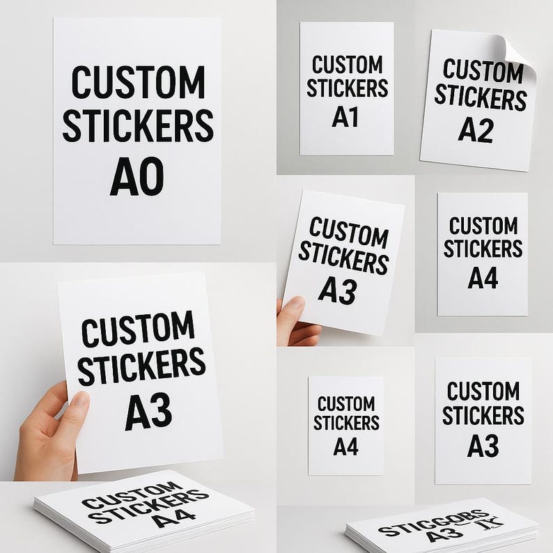 May include: A collection of white custom stickers in various sizes, including A0, A1, A2, A3, and A4. The stickers feature bold black text that reads "CUSTOM STICKERS" and size designations.