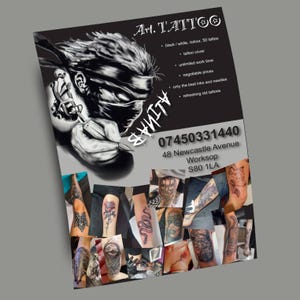 May include: A promotional flyer for Art Tattoo, featuring a black and white illustration of a person with a tattoo gun. The flyer includes examples of tattoos, contact information, and the text "Art Tattoo".