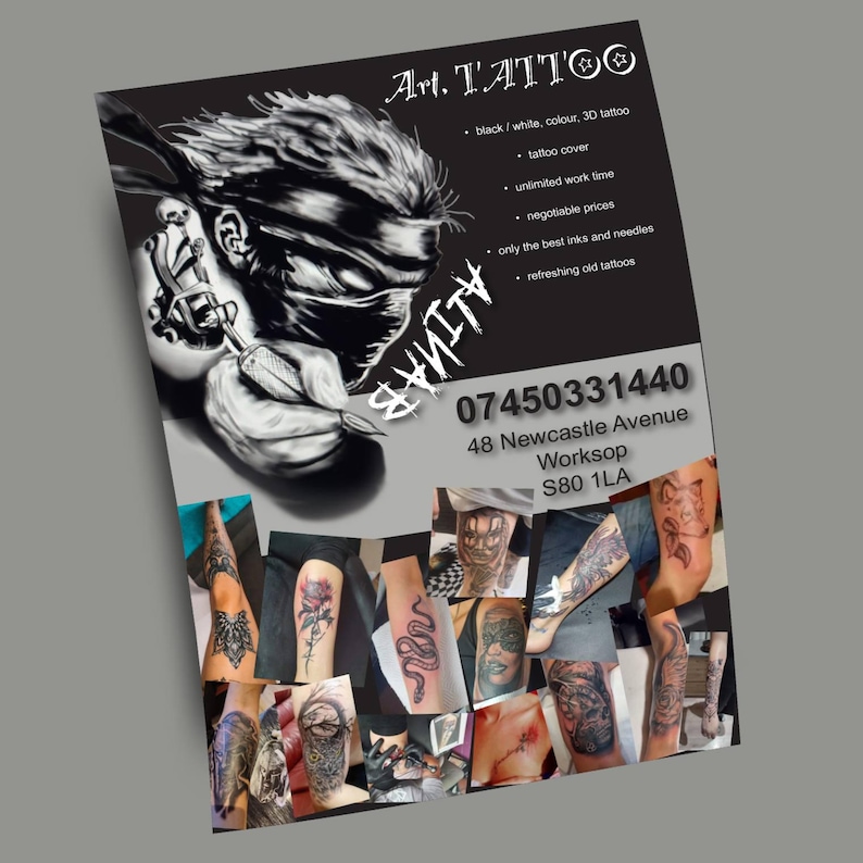 May include: A promotional flyer for Art Tattoo, featuring a black and white illustration of a person with a tattoo gun. The flyer includes examples of tattoos, contact information, and the text "Art Tattoo".