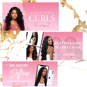 16 Customizable Website Banners for Wig Hair Business - Canva Templates for Shopify, Wix, GoDaddy Websites