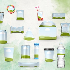 25 mockups, Party Favor Mockup Bundle, Chip bag, Juice Pouch, Water Bottle Mockup, Canva Frame Mockup Bundle, Add your own background