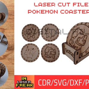 Pokemon eerste generatie + Pikachu + basis. LASERgesneden vijl 3 mm. SVG, CDR, DXF, AI en PDF. Pokemon-onderzetters