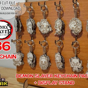 Pacote com 36 chaveiros + suporte de exposição Anime Mangá Demon Fighter. Arquivo de corte a laser .svg/lbrn/cdr/dxf/rld/pdf/ai kimetsu chaveiros + display.